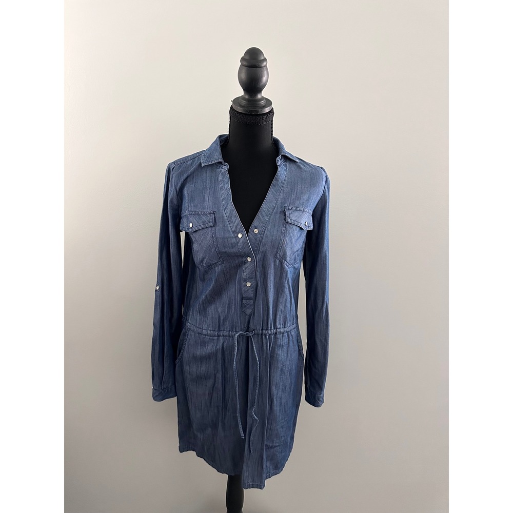 Princess Vera Wang Blue Chambray Shirt Dress XS Cotton Lyocell Drawstring Waist